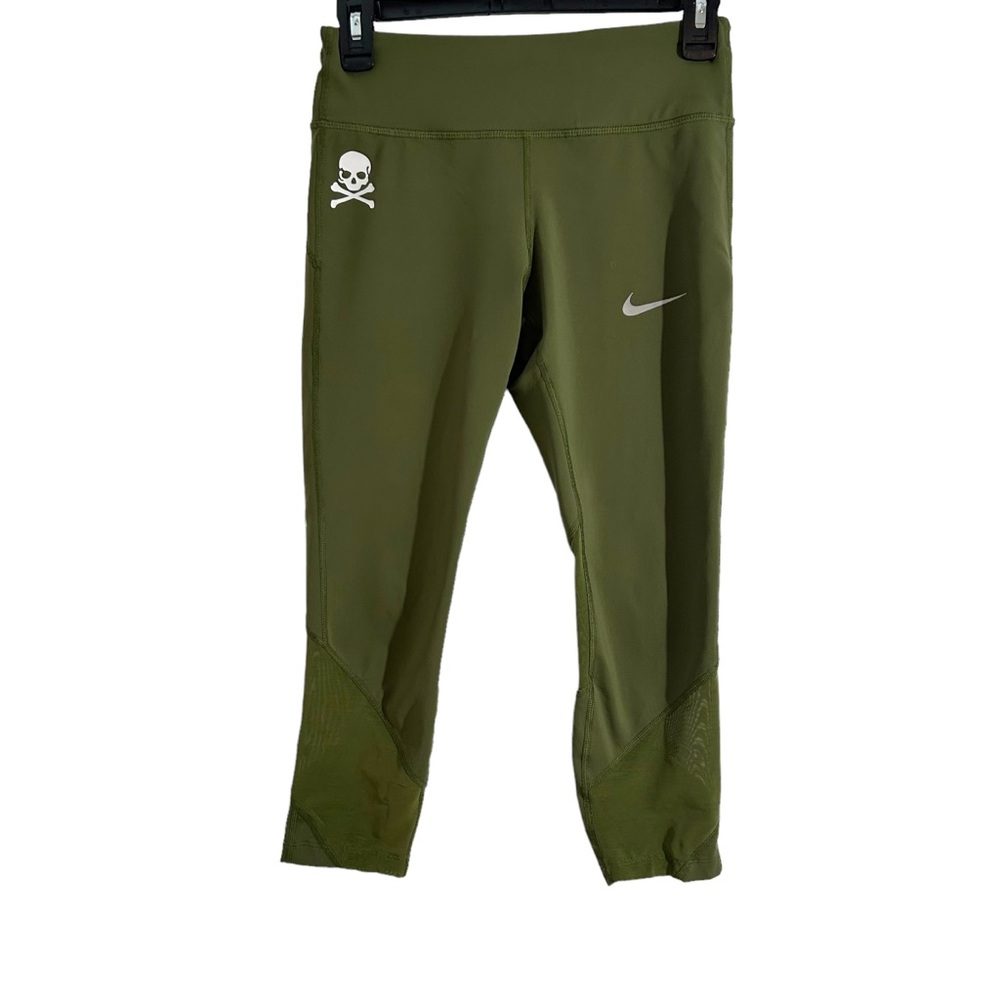Nike Soul Cycle Olive Green & White Cropped Dri-Fit Athletic Running Leggings, S